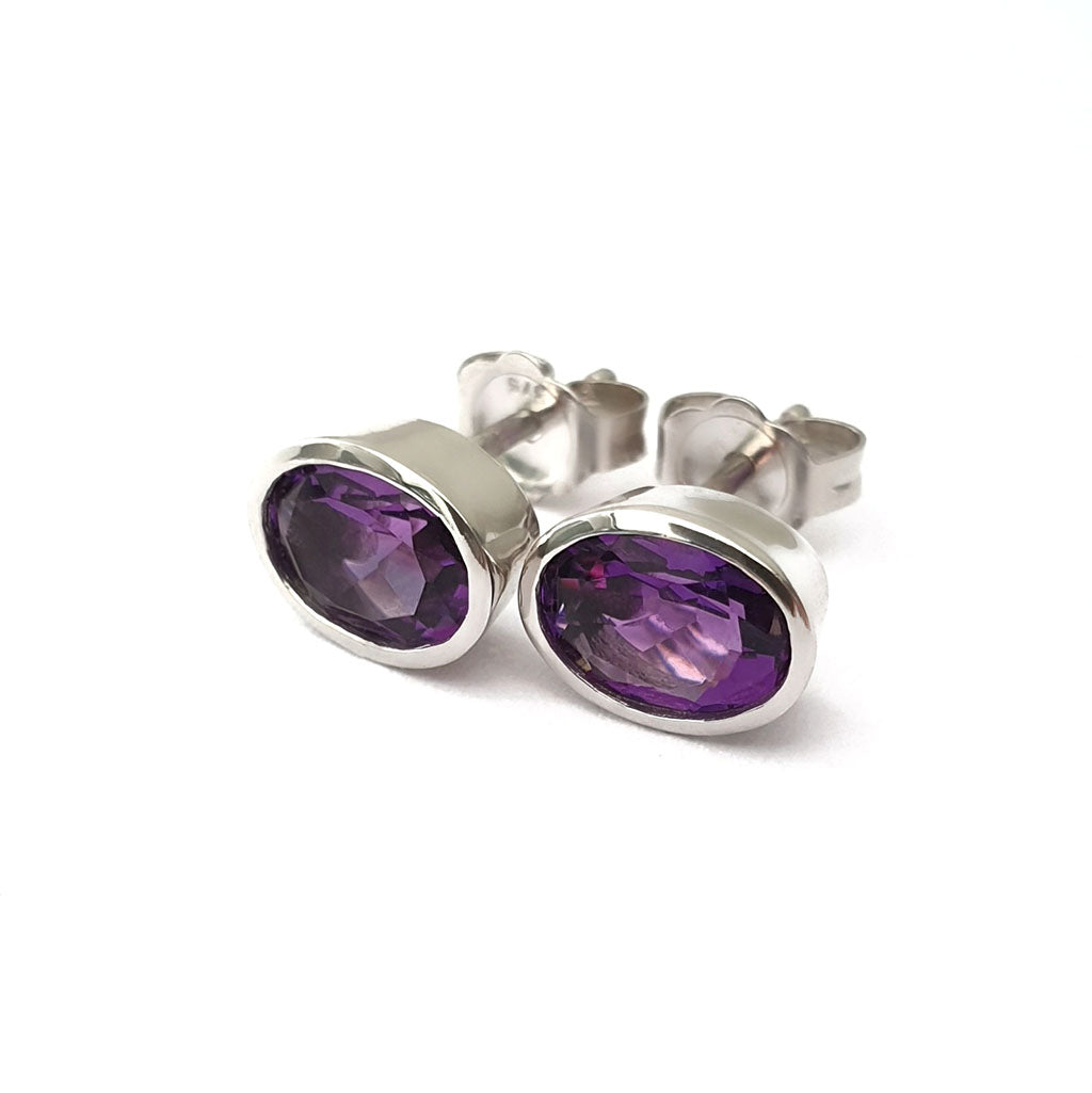 Amethyst Oval Cut Bezel Set White Gold Studs