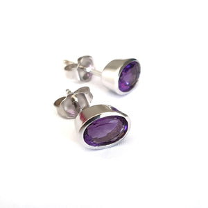 Amethyst Oval Cut Bezel Set White Gold Studs