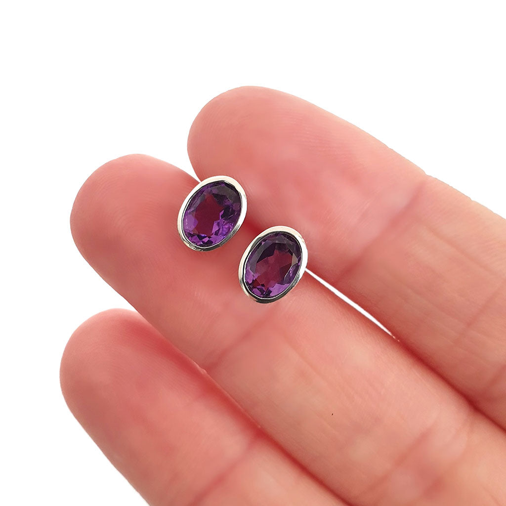 Amethyst Oval Cut Bezel Set White Gold Studs