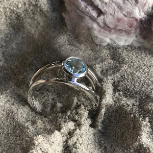 Double Band Round Cut Blue Topaz and White Gold Ring
