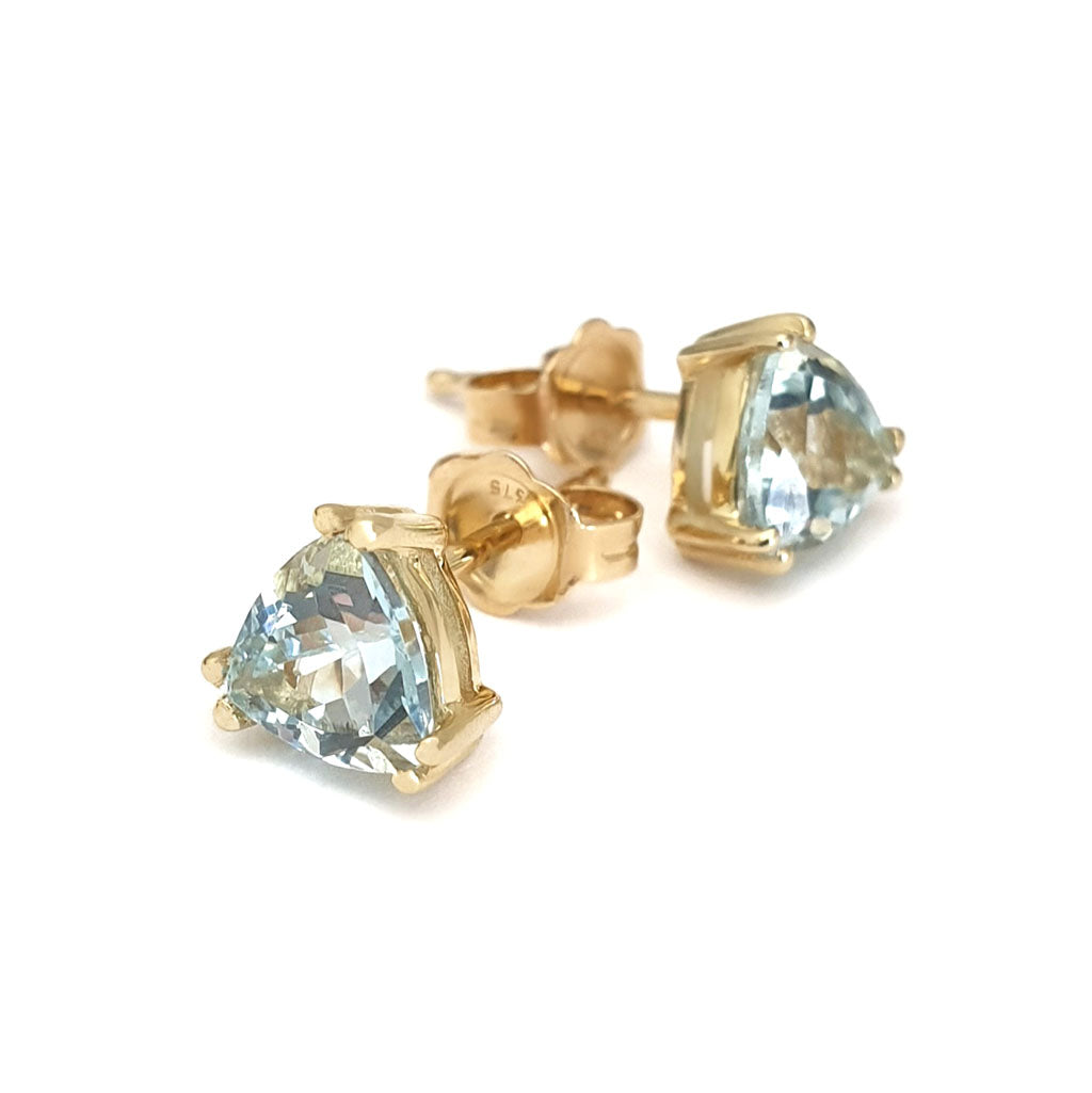 Aquamarine Double Claw Yellow Gold Trilliant Cut Studs