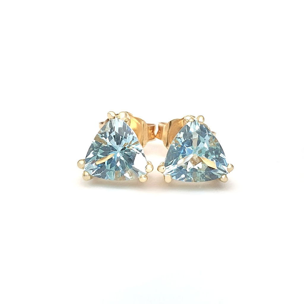 Aquamarine Double Claw Yellow Gold Trilliant Cut Studs