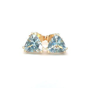 Aquamarine Double Claw Yellow Gold Trilliant Cut Studs