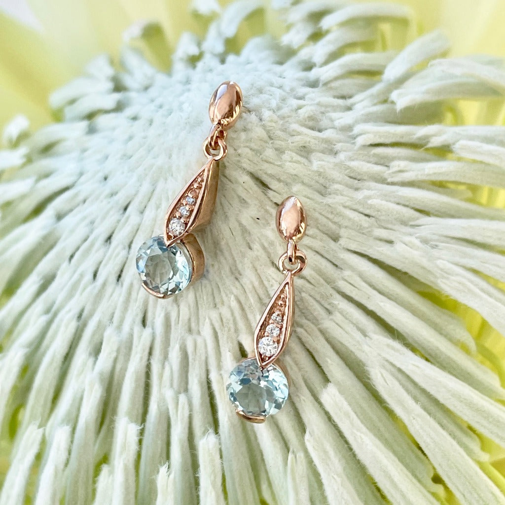 Aquamarine Rose Gold Drop Earrings with Diamond Highlight