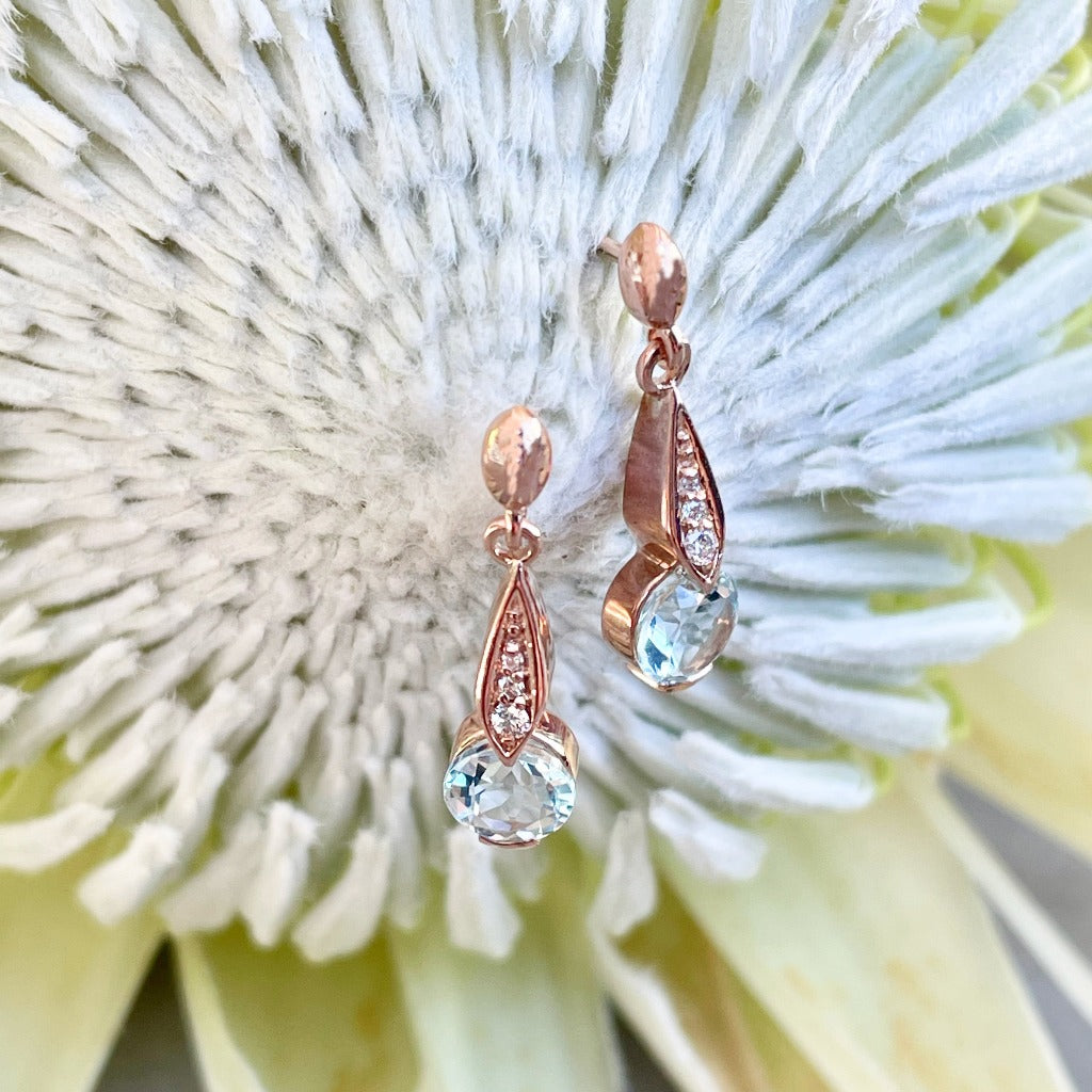 Aquamarine Rose Gold Drop Earrings with Diamond Highlight