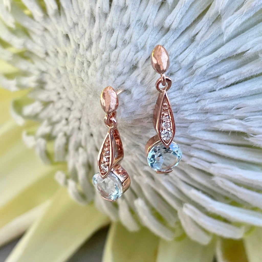 Aquamarine Rose Gold Drop Earrings with Diamond Highlight