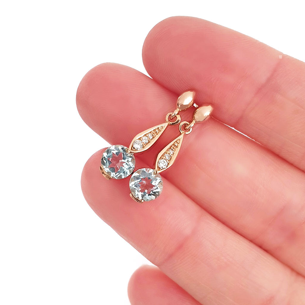 Aquamarine Rose Gold Drop Earrings with Diamond Highlight