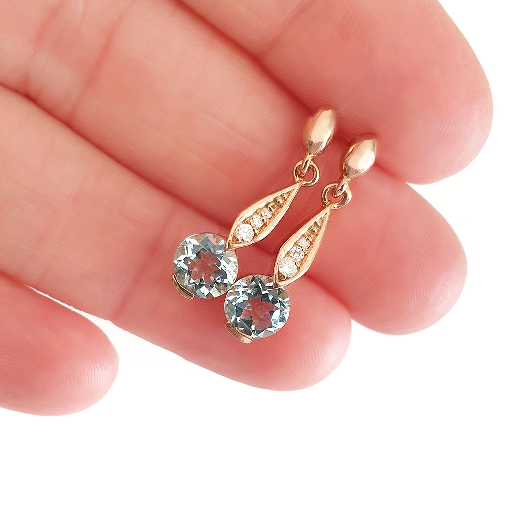 Aquamarine Rose Gold Drop Earrings with Diamond Highlight
