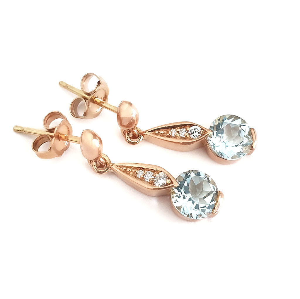 Aquamarine Rose Gold Drop Earrings with Diamond Highlight