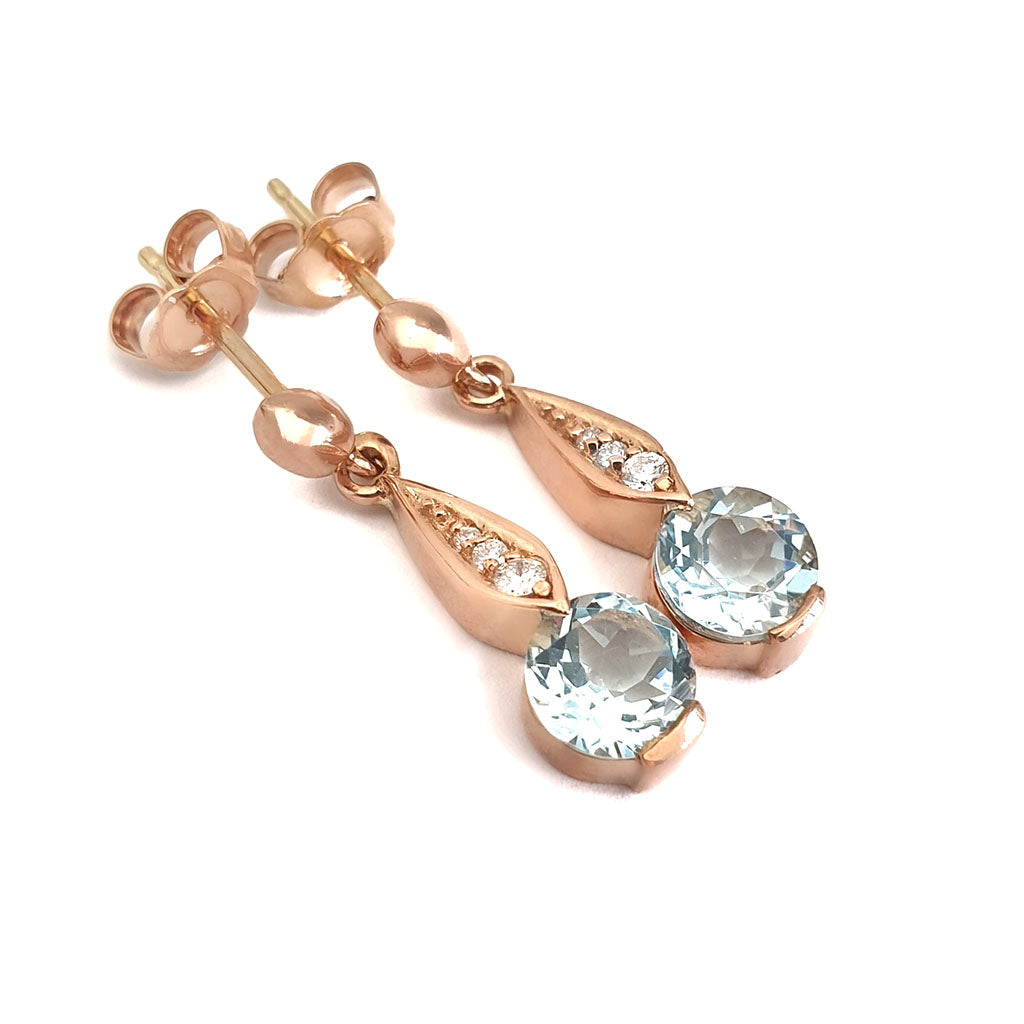 Aquamarine Rose Gold Drop Earrings with Diamond Highlight