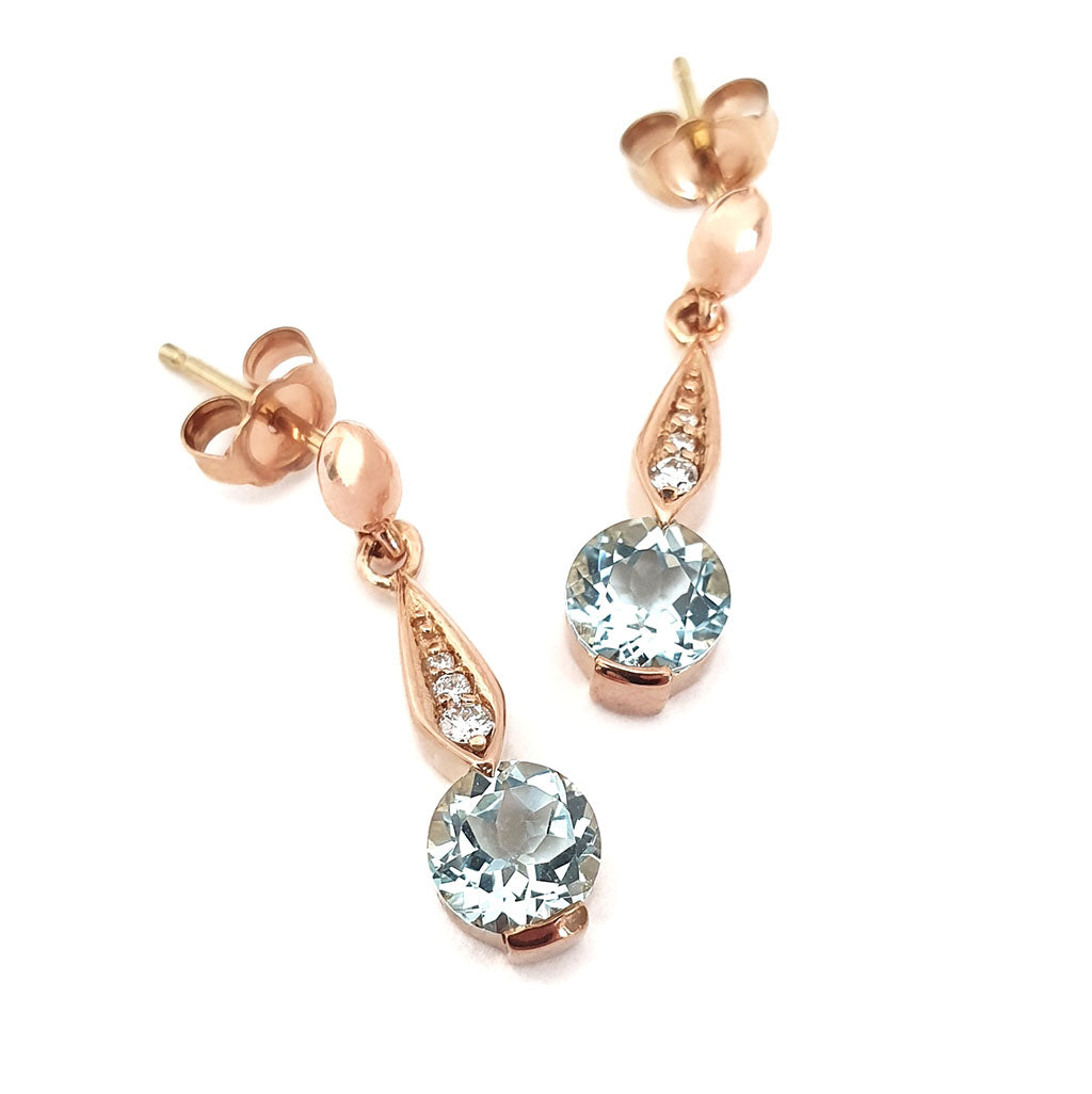 Aquamarine Rose Gold Drop Earrings with Diamond Highlight
