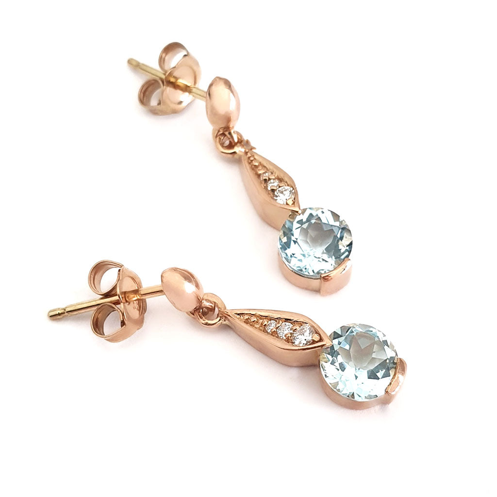 Aquamarine Rose Gold Drop Earrings with Diamond Highlight