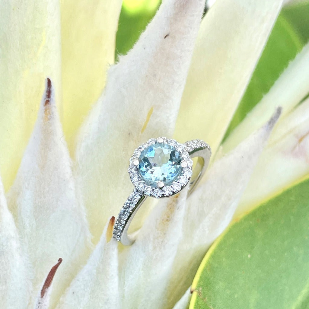 Aquamarine Round Cut Ring with Halo Diamond Accent