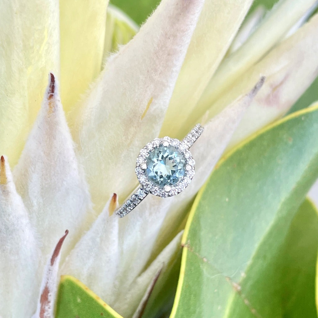 Aquamarine Round Cut Ring with Halo Diamond Accent