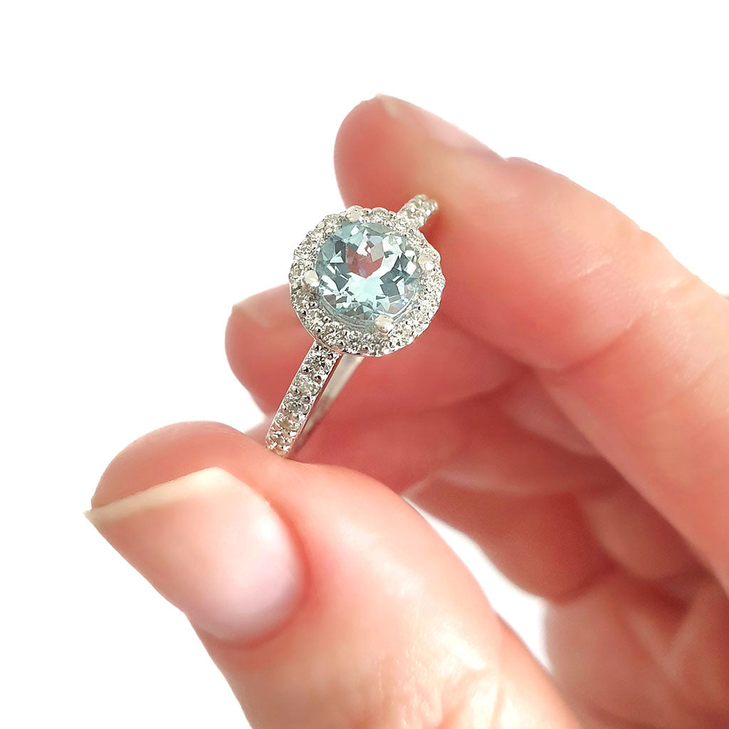 Aquamarine Round Cut Ring with Halo Diamond accents