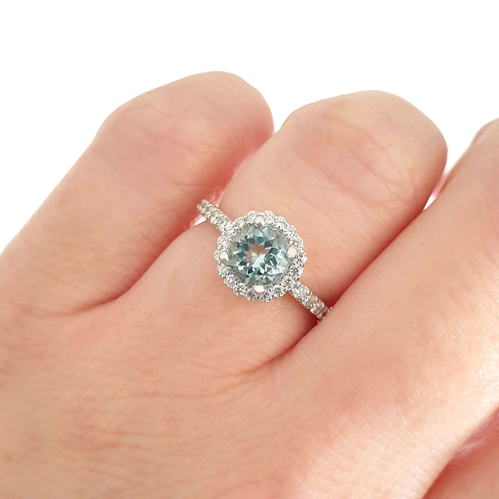 Aquamarine Round Cut Ring with Halo Diamond accents