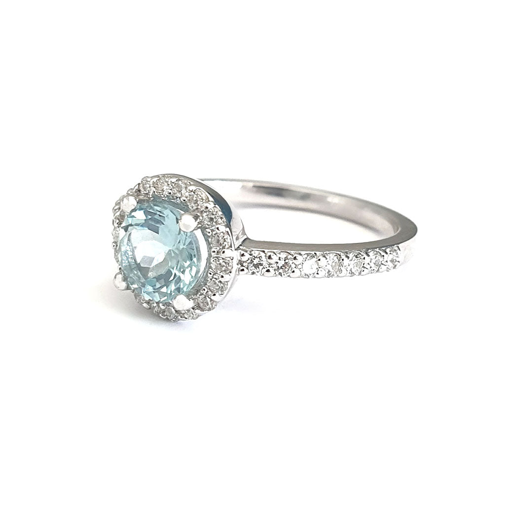 Aquamarine Round Cut Ring with Halo Diamond accents
