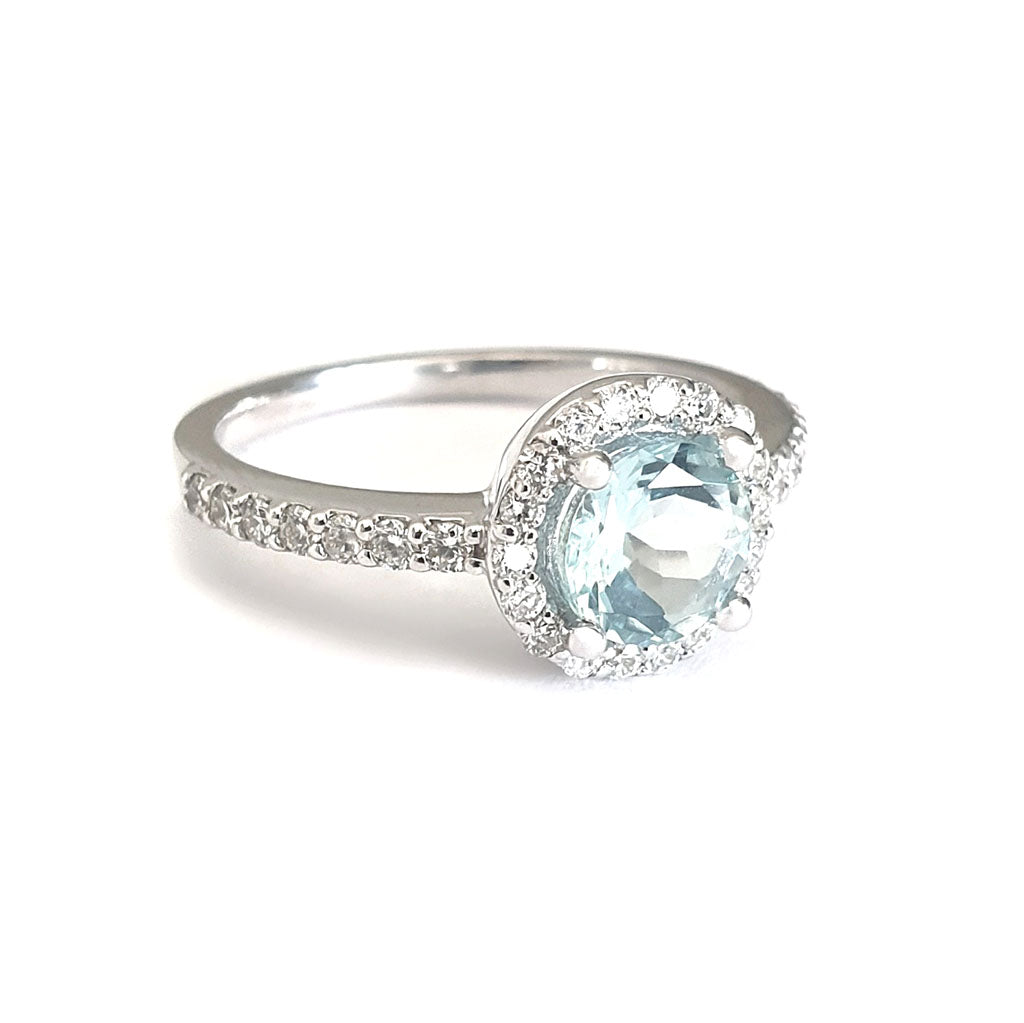 Aquamarine Round Cut Ring with Halo Diamond accents