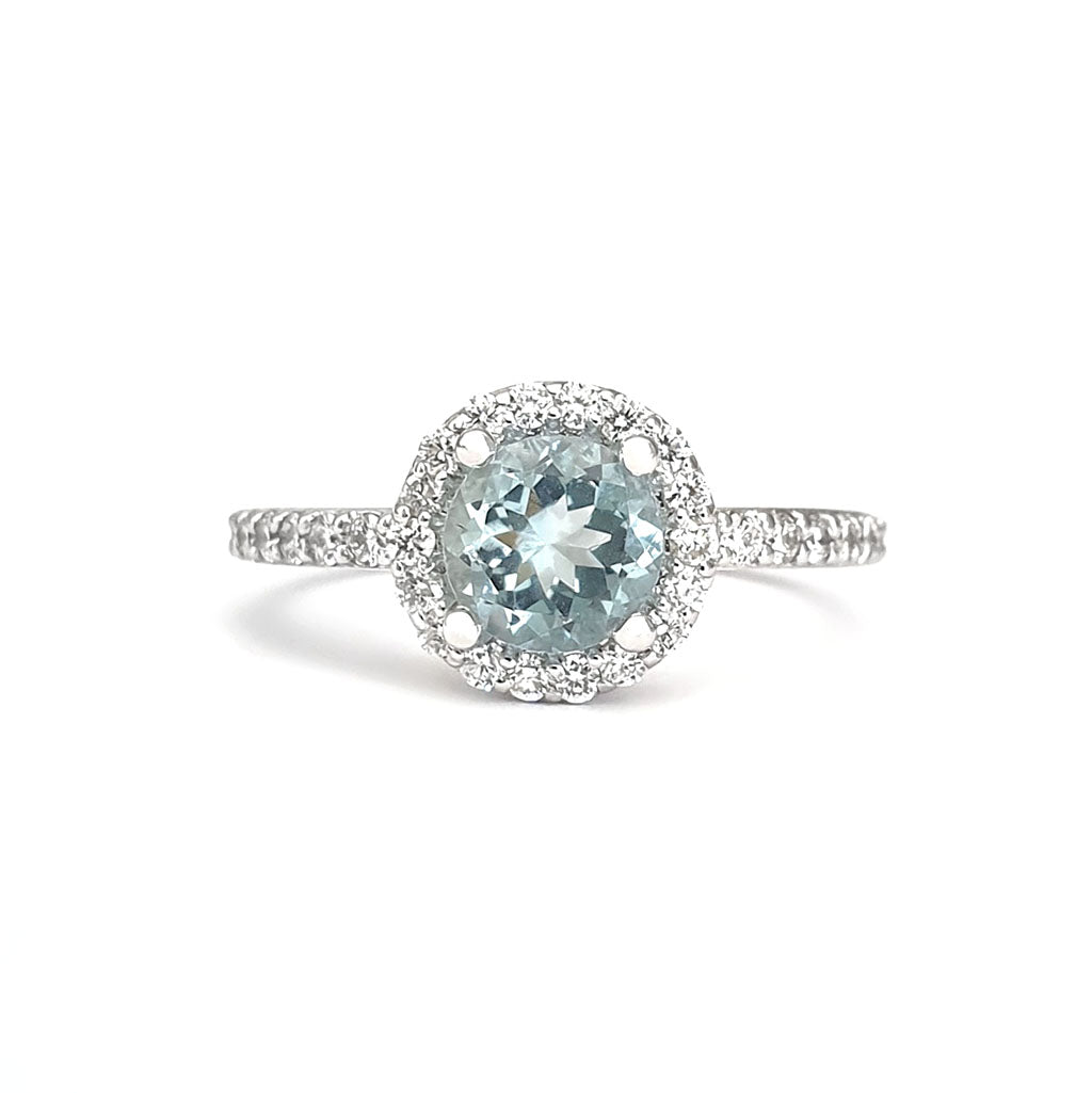 Aquamarine Round Cut Ring with Halo Diamond accents