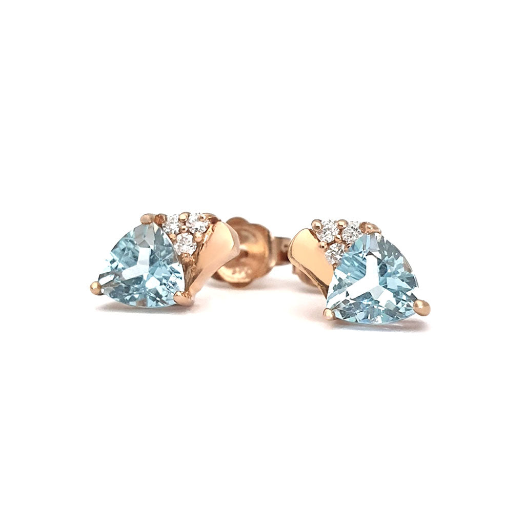 Aquamarine Trilliant Cut Studs with accent Diamonds