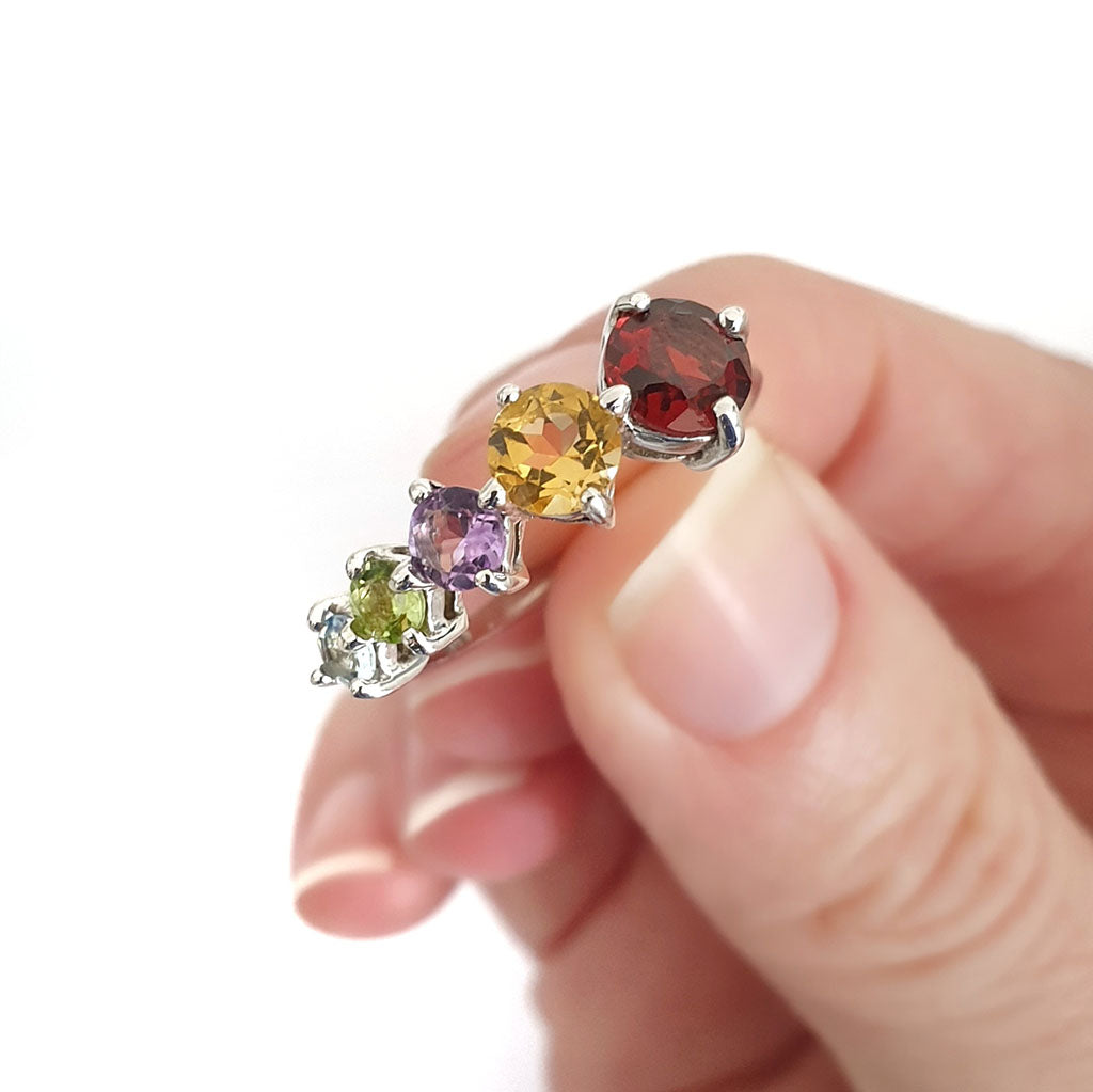 Ascending Rainbow Gemstone Round Cut Silver Ring