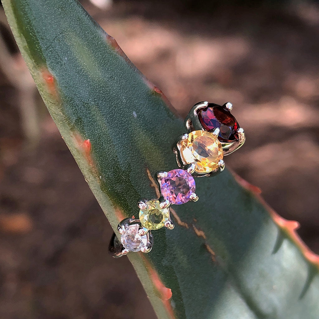 Ascending Rainbow Gemstone Round Cut Silver Ring