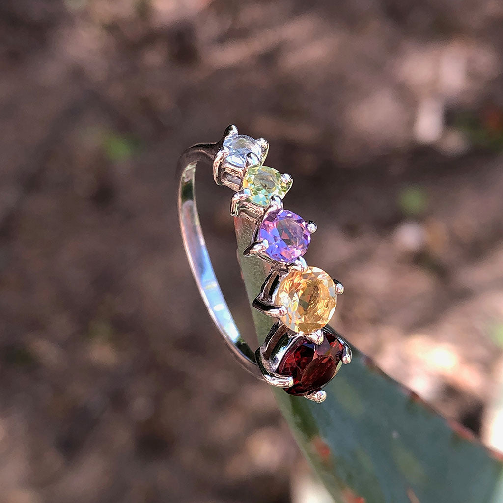 Ascending Rainbow Gemstone Round Cut Silver Ring