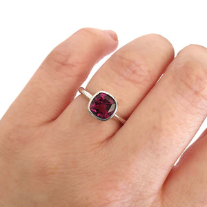 Bezel Set Cushion Cut Grape Garnet Ring
