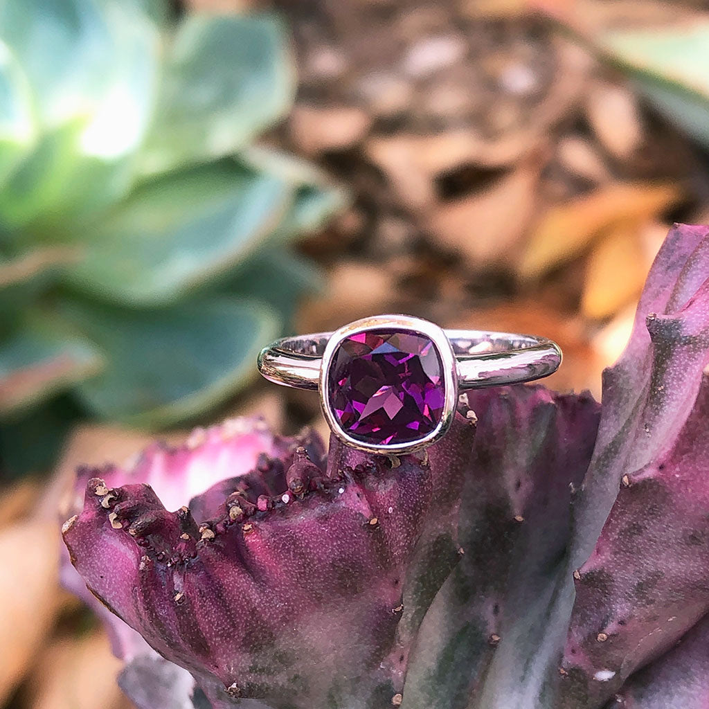 Bezel Set Cushion Cut Grape Garnet Ring