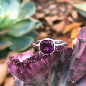 Bezel Set Cushion Cut Grape Garnet Ring