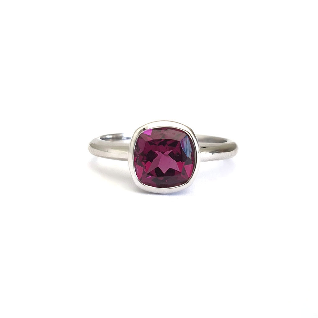 Bezel Set Cushion Cut Grape Garnet Ring