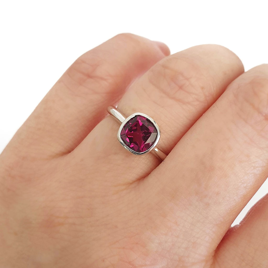Bezel Set Cushion Cut Grape Garnet Ring
