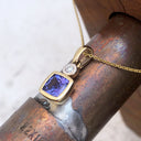 Bezel Set Cushion Cut Tanzanite and Diamond Yellow Gold Pendant