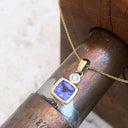 Bezel Set Cushion Cut Tanzanite and Diamond Yellow Gold Pendant