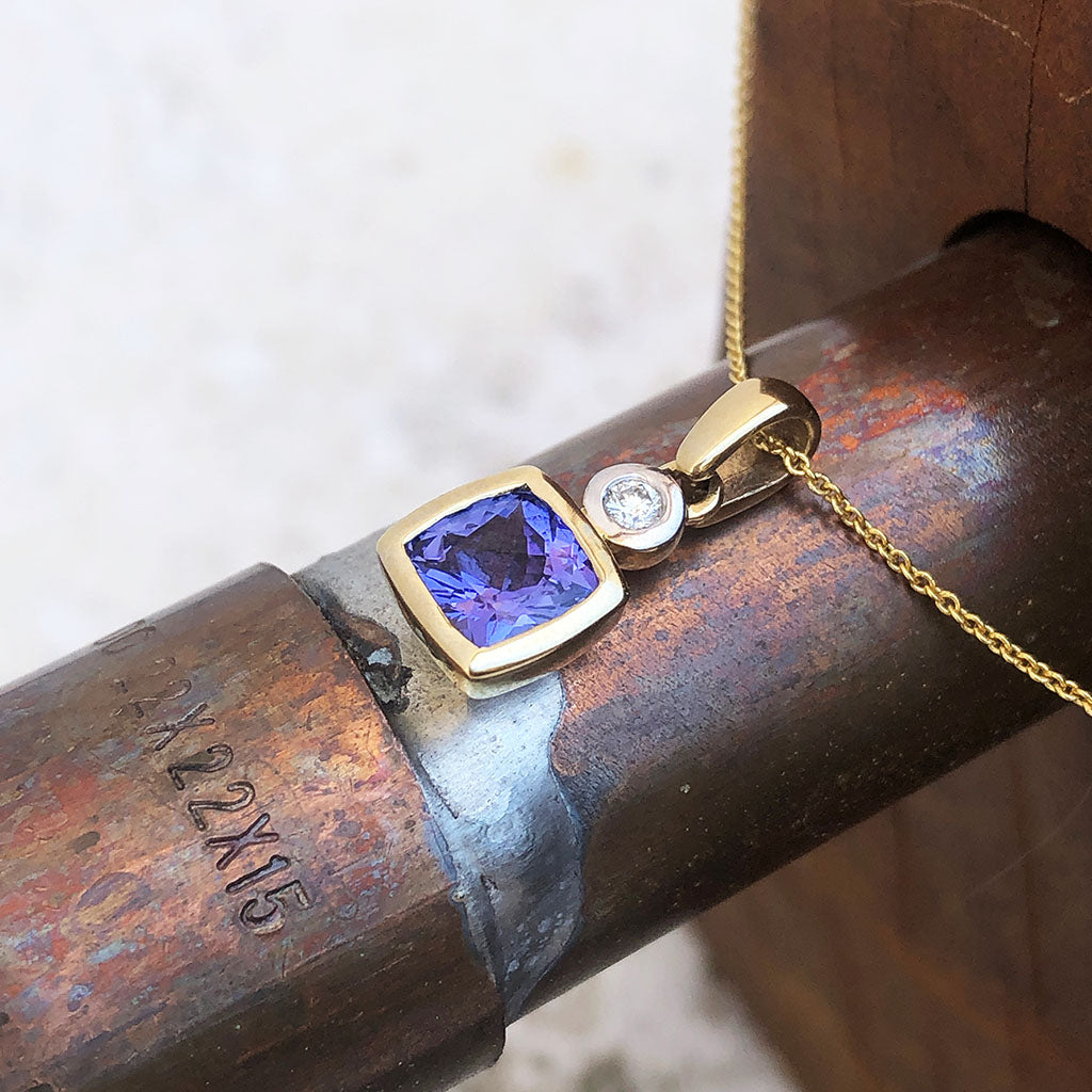 Bezel Set Cushion Cut Tanzanite and Diamond Yellow Gold Pendant