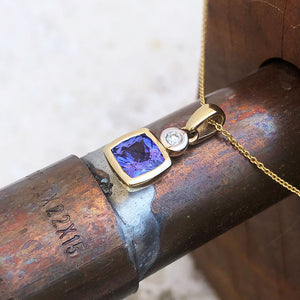 Bezel Set Cushion Cut Tanzanite and Diamond Yellow Gold Pendant
