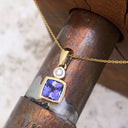Bezel Set Cushion Cut Tanzanite and Diamond Yellow Gold Pendant