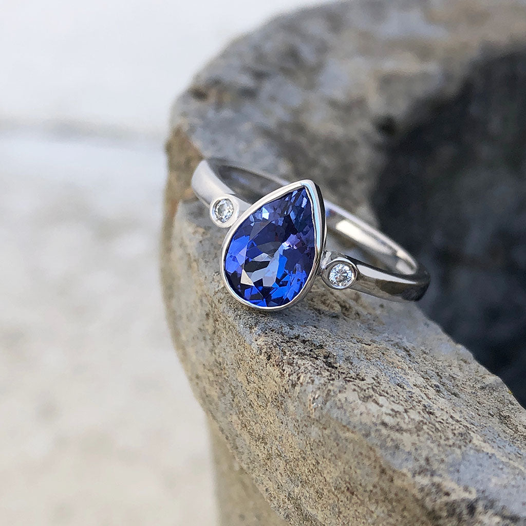 Bezel Set Pear Cut Tanzanite and Diamond Ring