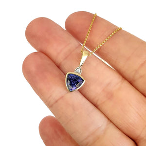 Bezel Set Trilliant Cut Tanzanite and Diamond Yellow Gold Pendant