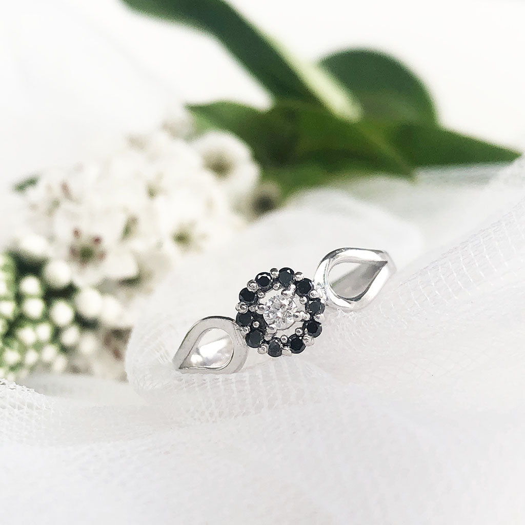 Black and White Diamond Flower Cluster Engagement Ring With Black Diamond Accented Wedding Band Set **