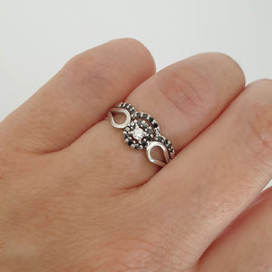 Black and White Diamond Flower Cluster Engagement Ring With Black Diamond Accented Wedding Band Set