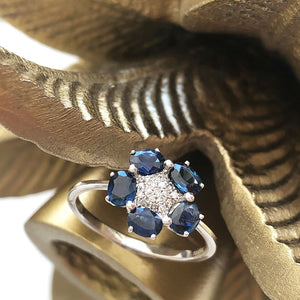 Blue Sapphire and Diamond Flower Ring