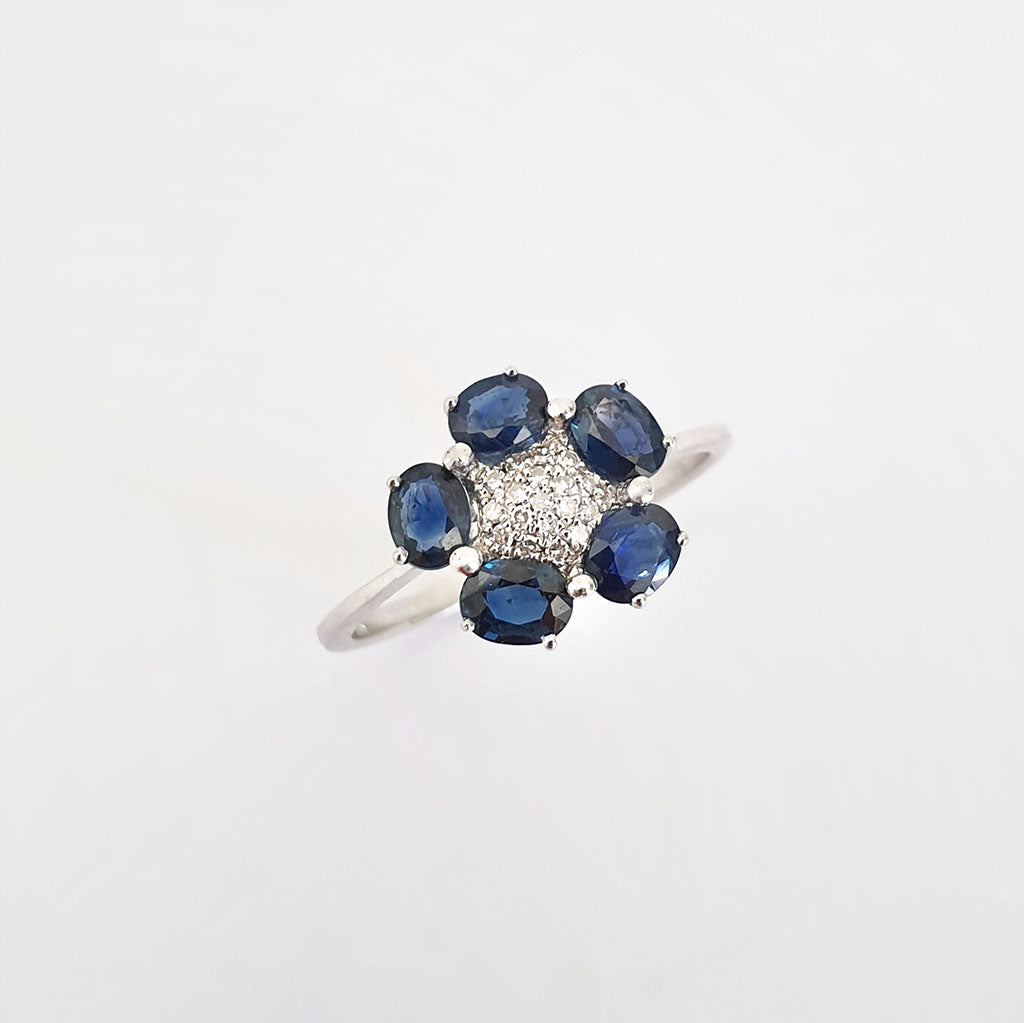 Blue Sapphire and Diamond Flower Ring