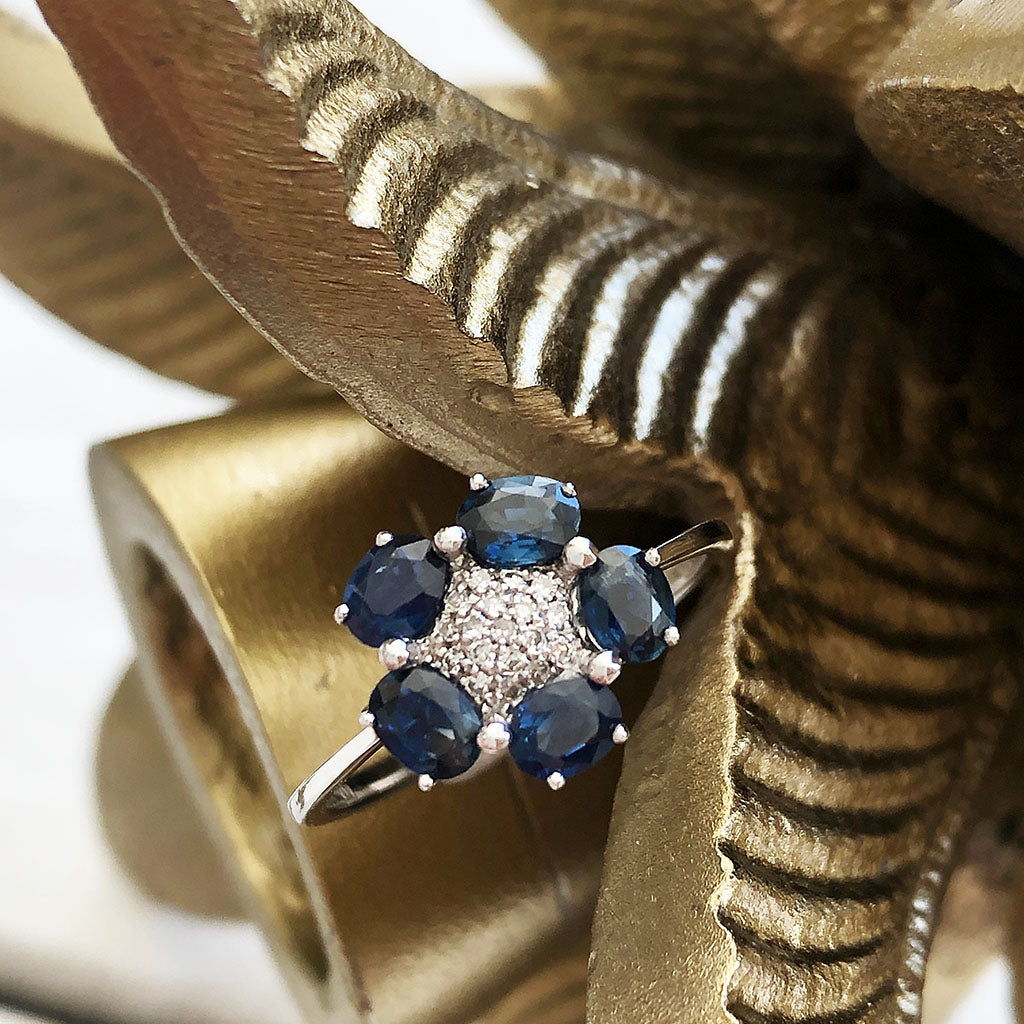 Blue Sapphire and Diamond Flower Ring