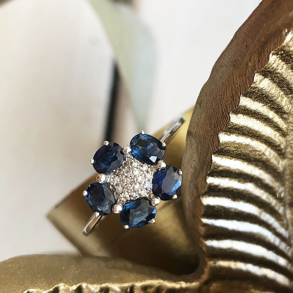 Blue Sapphire and Diamond Flower Ring