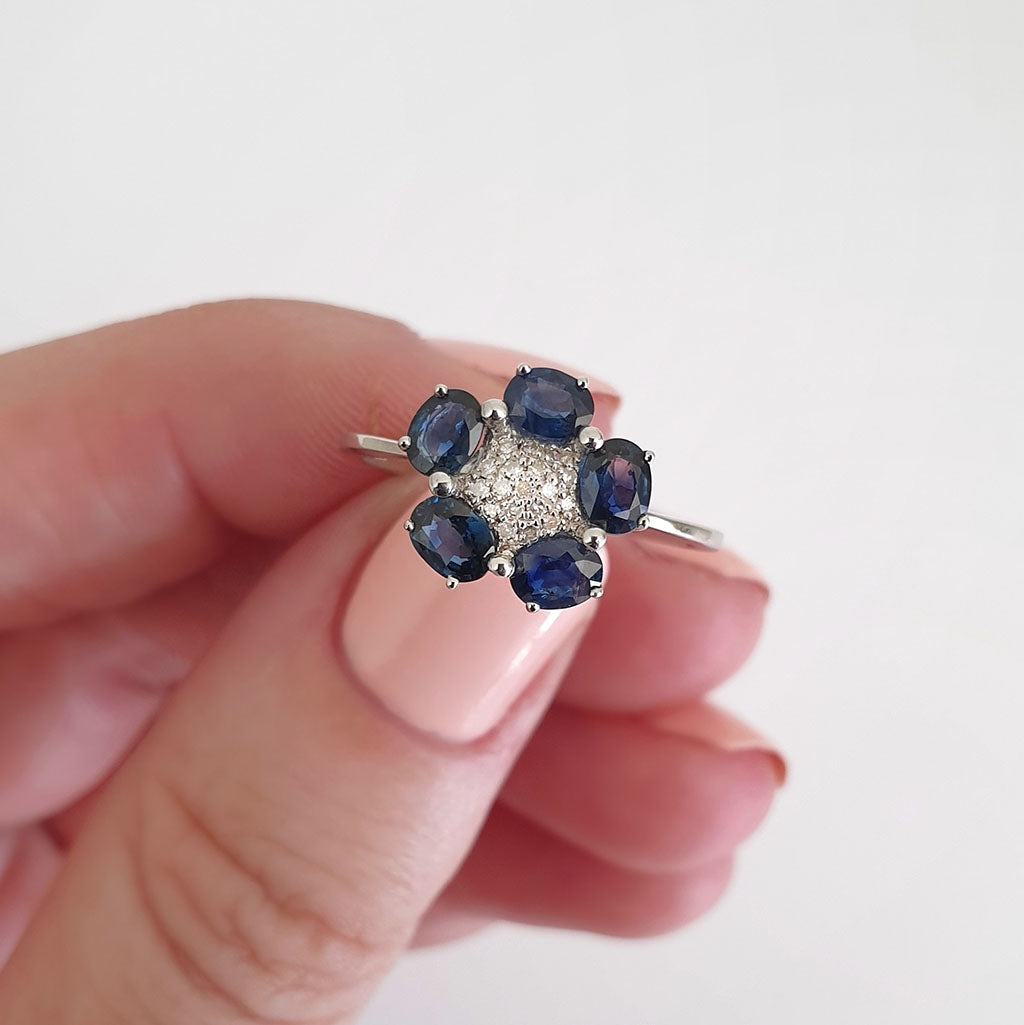 Blue Sapphire and Diamond Flower Ring