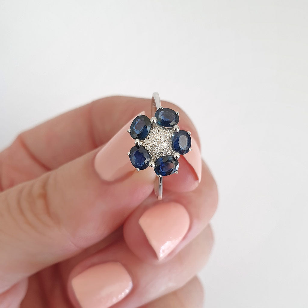 Blue Sapphire and Diamond Flower Ring