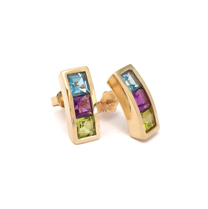  Blue Topaz, Amethyst and Peridot Channel Set Yellow Gold Earrings