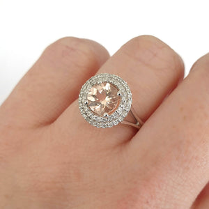 Breathtaking Double Diamond Halo Round Cut Morganite Ring