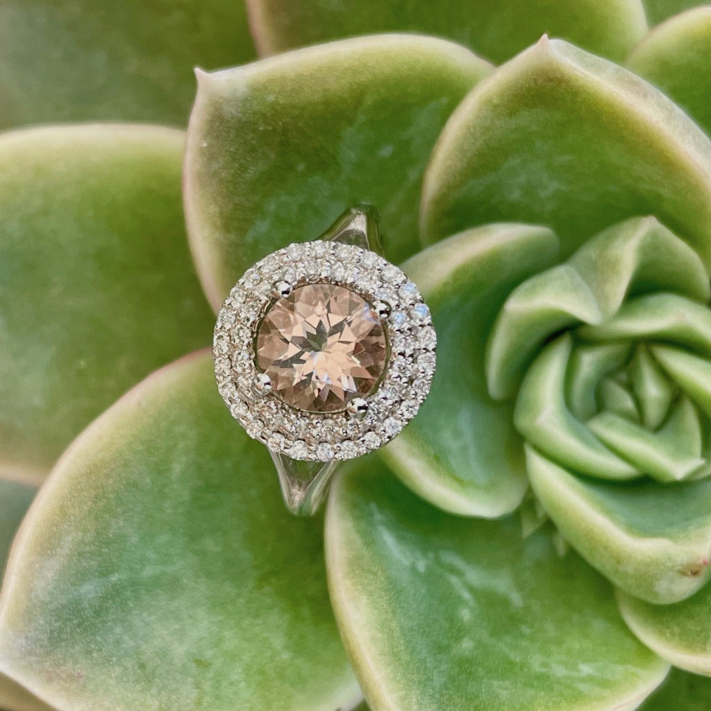 Breathtaking Double Diamond Halo Round Cut Morganite Ring